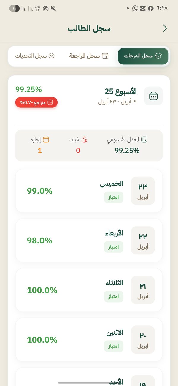 سجل درجات الطالب اليومي داخل التطبيق