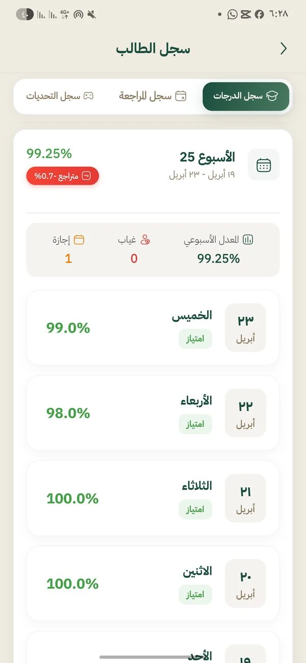 سجل درجات الطالب اليومي داخل التطبيق